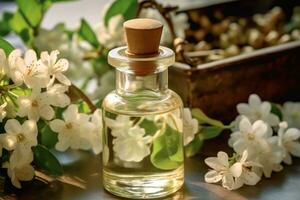 Jasmine essential oil alongside Jasmine on a table ai generated photo