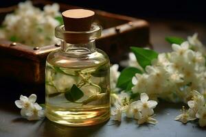 Jasmine essential oil alongside Jasmine on a table ai generated photo