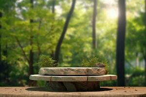 3d representación Roca producto monitor podio para producto con verde naturaleza jardín antecedentes ai generado foto