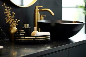 Elegant bathroom interior with different toiletries on black gold marble countertop countertop and modern vessel sink AI Generated photo