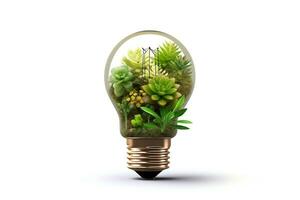 Eco friendly lightbulb with plants white background ai generated photo