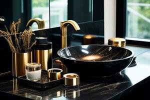 Elegant bathroom interior with different toiletries on black gold marble countertop countertop and modern vessel sink AI Generated photo