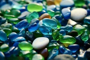 Natural polish textured sea glasses and stones on the seashore ai generated photo