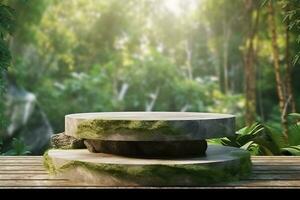 3d rendering stone product display podium for product with green nature garden background ai generated photo