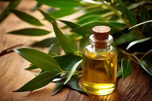 Tea Tree essential oil alongside Tea Tree and leaves on a table ai generated photo