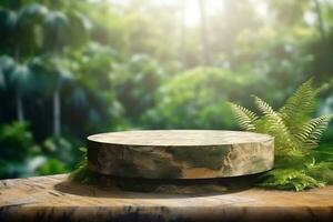 3d rendering stone product display podium for product with green nature garden background ai generated photo