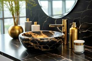 Elegant bathroom interior with different toiletries on black gold marble countertop countertop and modern vessel sink AI Generated photo