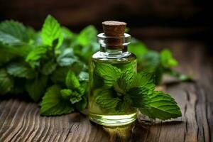 Peppermint essential oil alongside Peppermint leaves on a table AI Generated photo