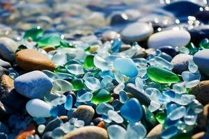 Natural polish textured sea glasses and stones on the seashore ai generated photo