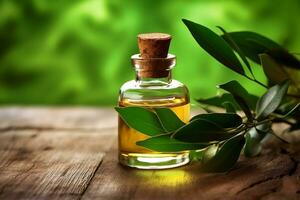 Tea Tree essential oil alongside Tea Tree and leaves on a table ai generated photo