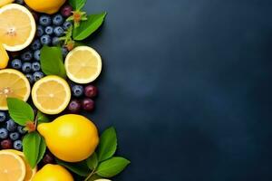 Summer background with lemon fruits, orange, blueberries and mint leaves ai generated photo