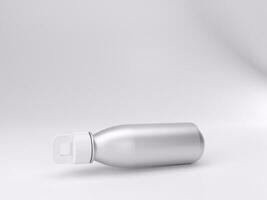 3D render empty white metal bottle mockup template photo with white background side angle view.