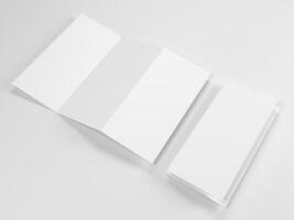 3D render two white paper tri-fold brochure for mockup template with white background side view photo