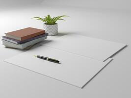 3D render two white paper stationary set for  mockup template with white background side view photo