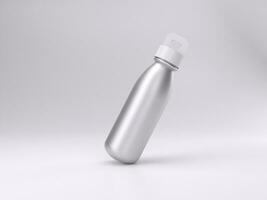 3D render empty white metal bottle mockup template photo with white background side angle view.