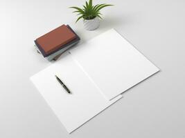 3D render two white paper stationary set for  mockup template with white background side view photo