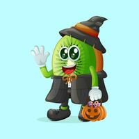 kiwi character dressed as a witch and holding a pumpkin vector