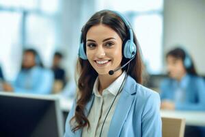 un mujer con un llamada centrar auriculares sonriente .generativo ai foto