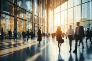 people walking to office environment. Moving crowd motion blurred background. Hand edited generative AI. photo