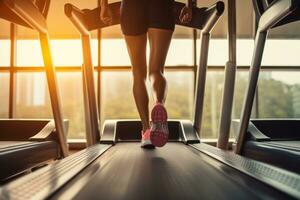 Woman jogging on the exercise machines in the gym. Generative Ai. photo