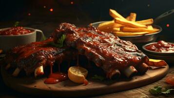Tender and smoky ribs slathered in barbecue sauce with a side of fries. ai generative photo