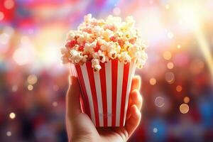 Close up on a red and white striped popcorn cup in a movie theater. Generative AI photo