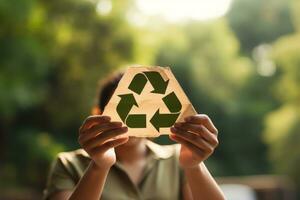 reciclar símbolo en mano y bolsa, sostenible y eco ambiente concepto. generativo ai foto