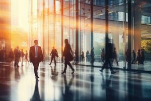 people walking to office environment. Moving crowd motion blurred background. Hand edited generative AI. photo