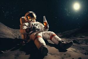 astronauta sentado en el Luna Bebiendo cerveza, yo generativo ai foto