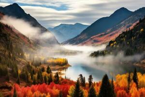 vibrant autumn landscape with mountain and lake reflection, created with generative ai photo