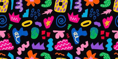 Abstract seamless pattern of colorful hand drawn various shapes, curls, forms and doodle objects. Modern vector illustration in black background
