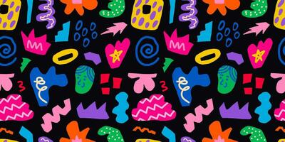 Abstract seamless pattern of colorful hand drawn various shapes, curls, forms and doodle objects. Modern vector illustration in black background