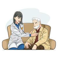 Female Doctor checking heartbeat examining elder retired man at home. Vector illustration pro download