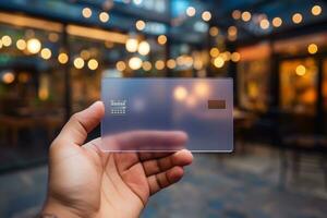hand holding virtual, transparent business card. Genarative ai photo