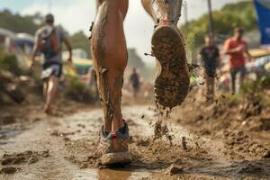 Group of close legged runners running on land . Athletics in the mud. Image generated by AI. photo