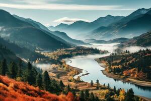 vibrant autumn landscape with mountain and lake reflection, created with generative ai photo