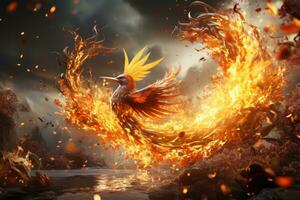 Flying Phoenix burst into flames created with .Generative AI photo