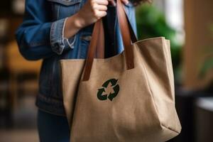 Recycle symbol on hand and bag, sustainable and eco environment concept. Generative AI photo