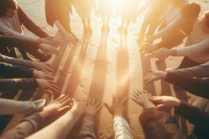 todas manos juntos, unido diversidad o multicultural camaradería en un grupo. generativo ai foto