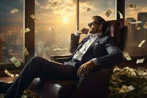 Rico hombre en pie en su oficina con montones de dinero - generativo ai foto