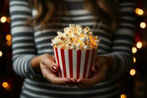 Close up on a red and white striped popcorn cup in a movie theater. Generative AI photo