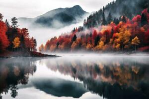 vibrant autumn landscape with mountain and lake reflection, created with generative ai photo