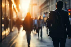people walking to office environment. Moving crowd motion blurred background. Hand edited generative AI. photo