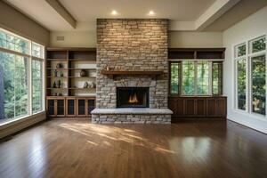 Empty room interior with grouted stone fireplace. Generative AI photo