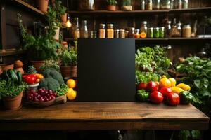 Empty blackboard sign mockup in front of a restaurant. Generative Ai photo