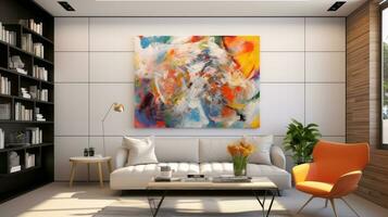 Modern bright living room interiors with art wallpaper. AI Generated. photo