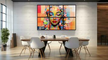 Modern bright dining room interiors with art wallpaper. AI Generated. photo