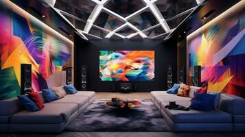 Modern bright movie room interiors with art wallpaper. AI Generated. photo