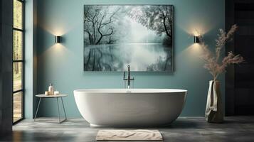 Modern bright bathroom interiors with art wallpaper. AI Generated. photo