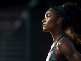 AI Generated A side profile and half body photography of a female running athlete on black background. Runner concept with copy space. photo